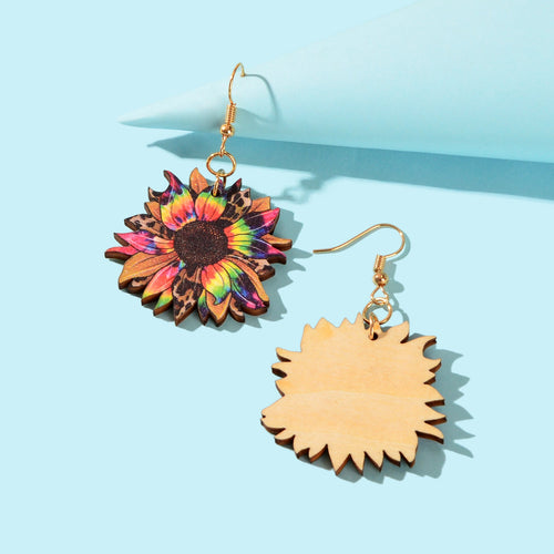 Bohemian Colorful Sunflower Pattern Wood Dangle Earrings Holiday Jewellery