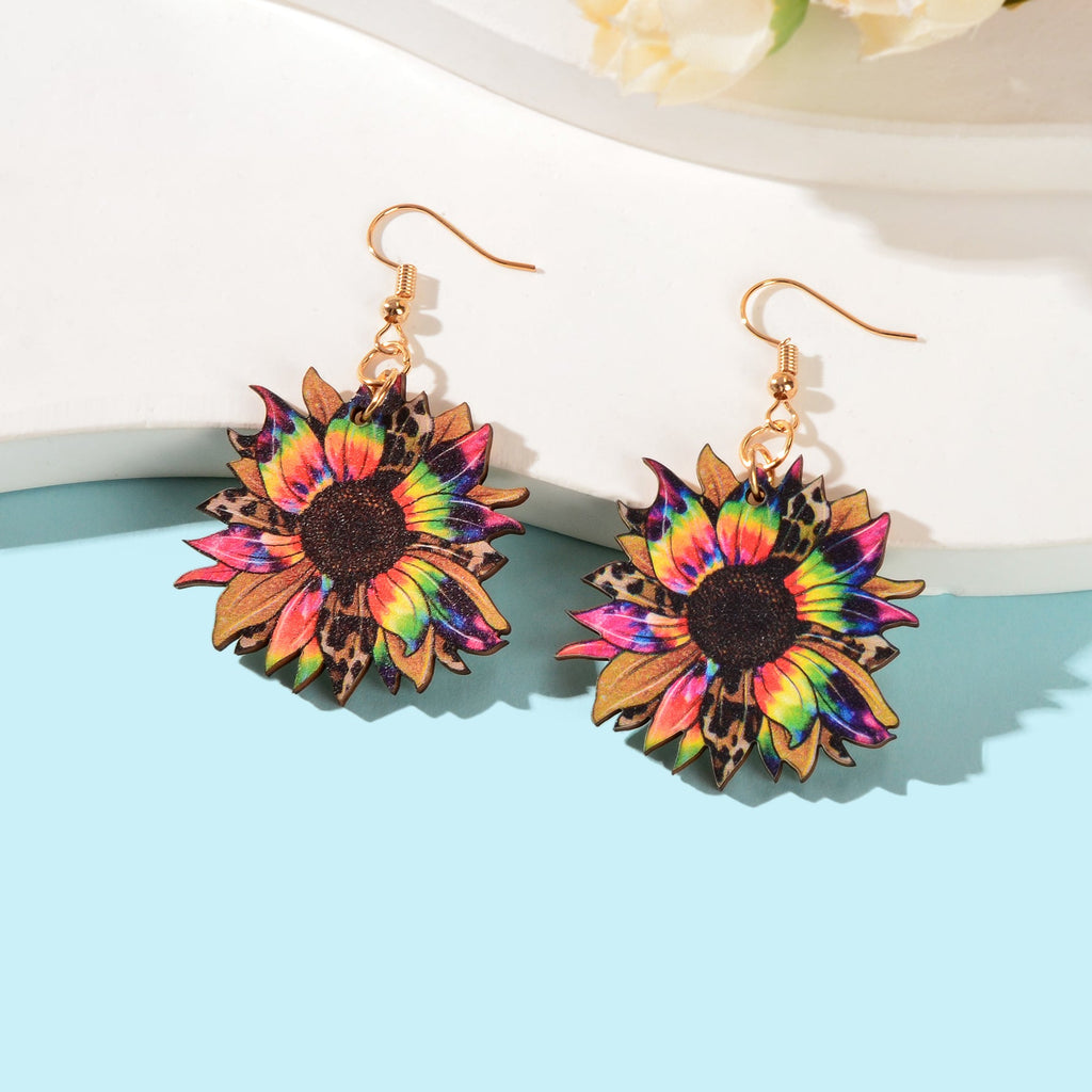 Bohemian Colorful Sunflower Pattern Wood Dangle Earrings Holiday Jewellery