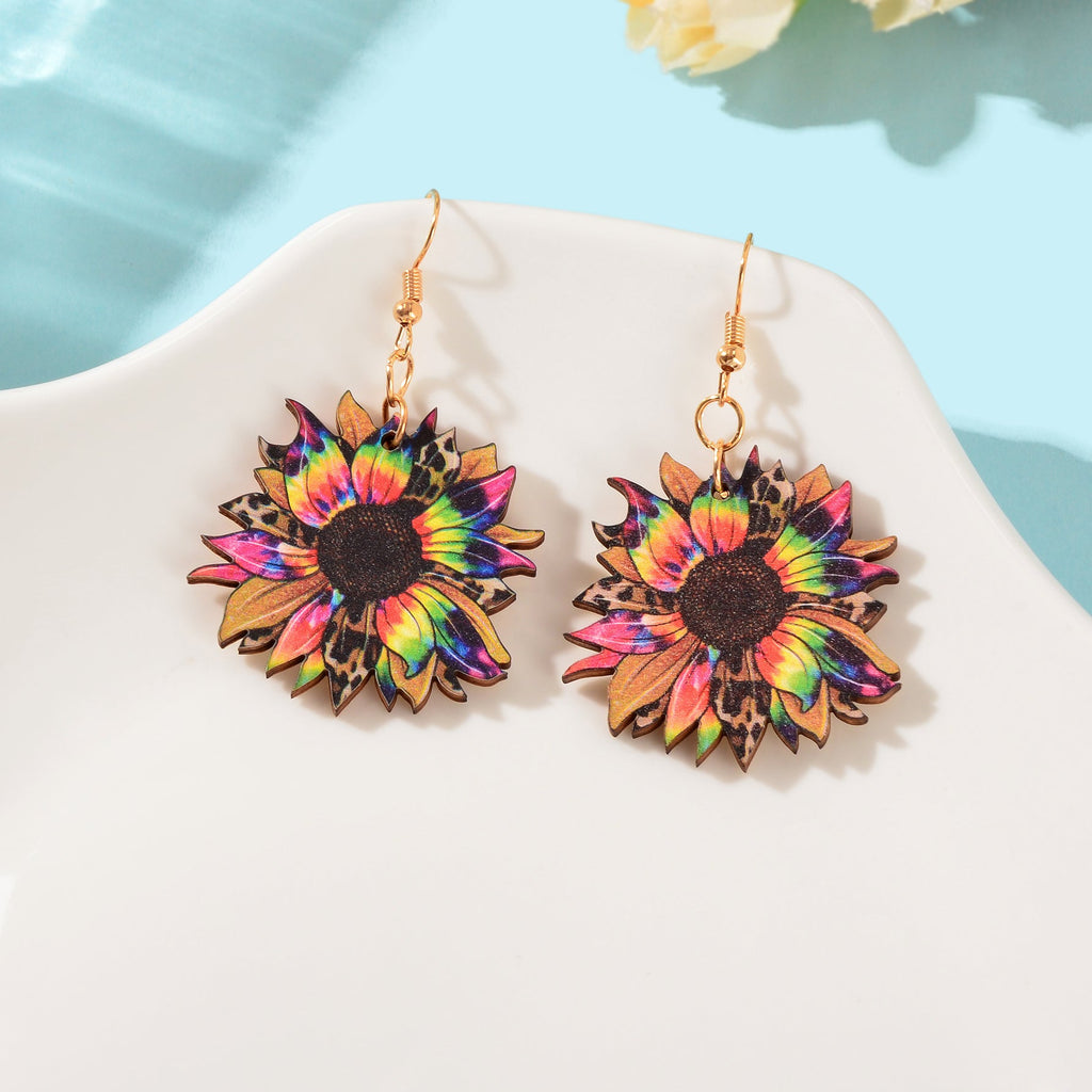 Bohemian Colorful Sunflower Pattern Wood Dangle Earrings Holiday Jewellery