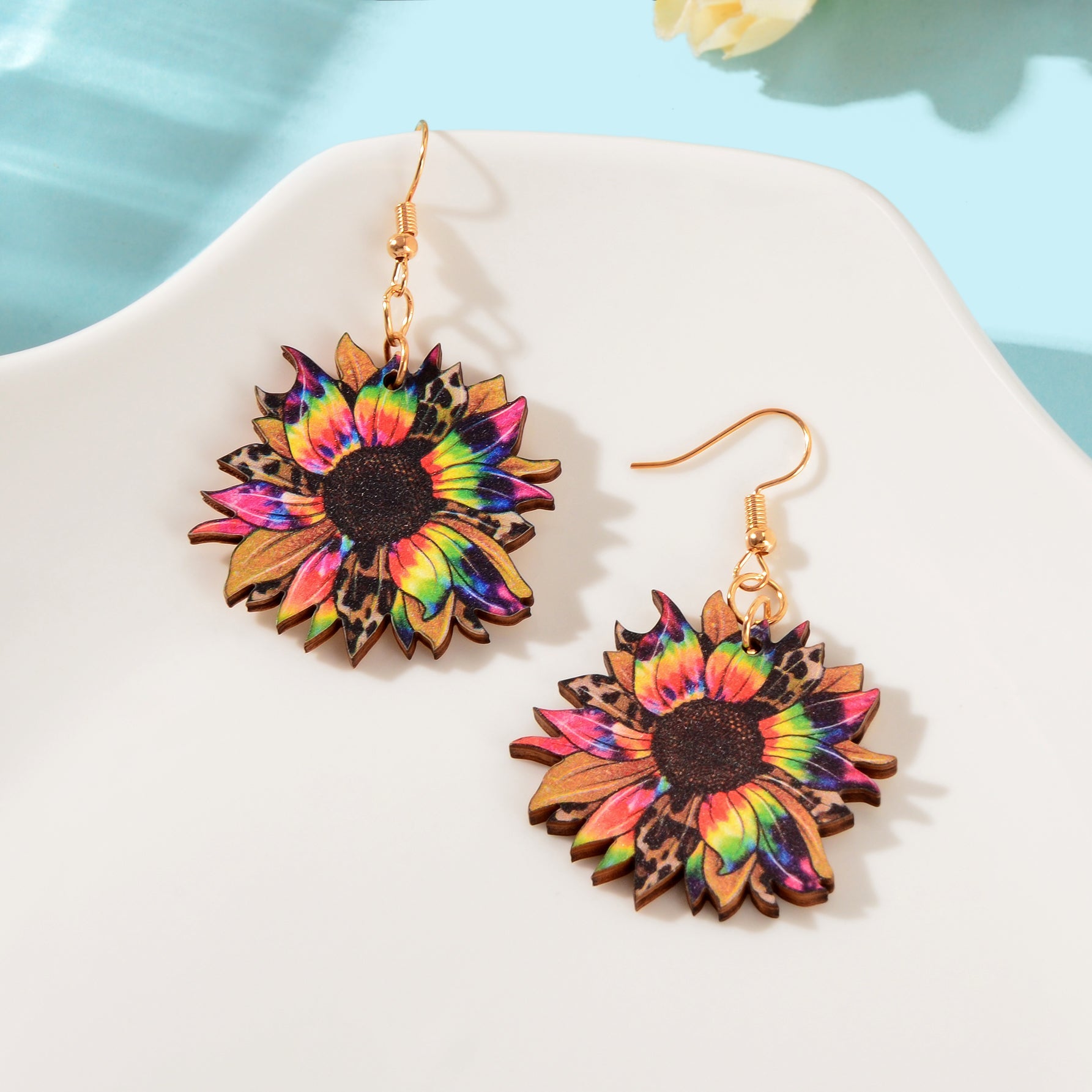 Bohemian Colorful Sunflower Pattern Wood Dangle Earrings Holiday Jewellery